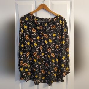 Tahari Black Floral V-Neck Blouse with Yellow & Pink Flowers